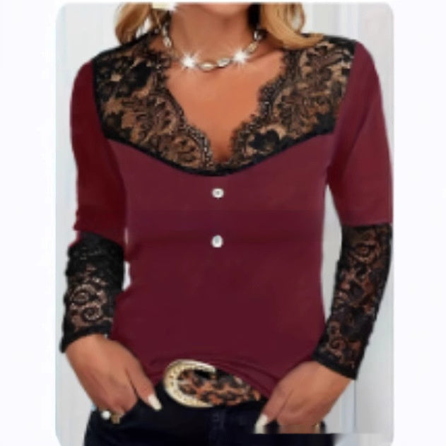 Women's Fashion Lace Solid Color Casual Top