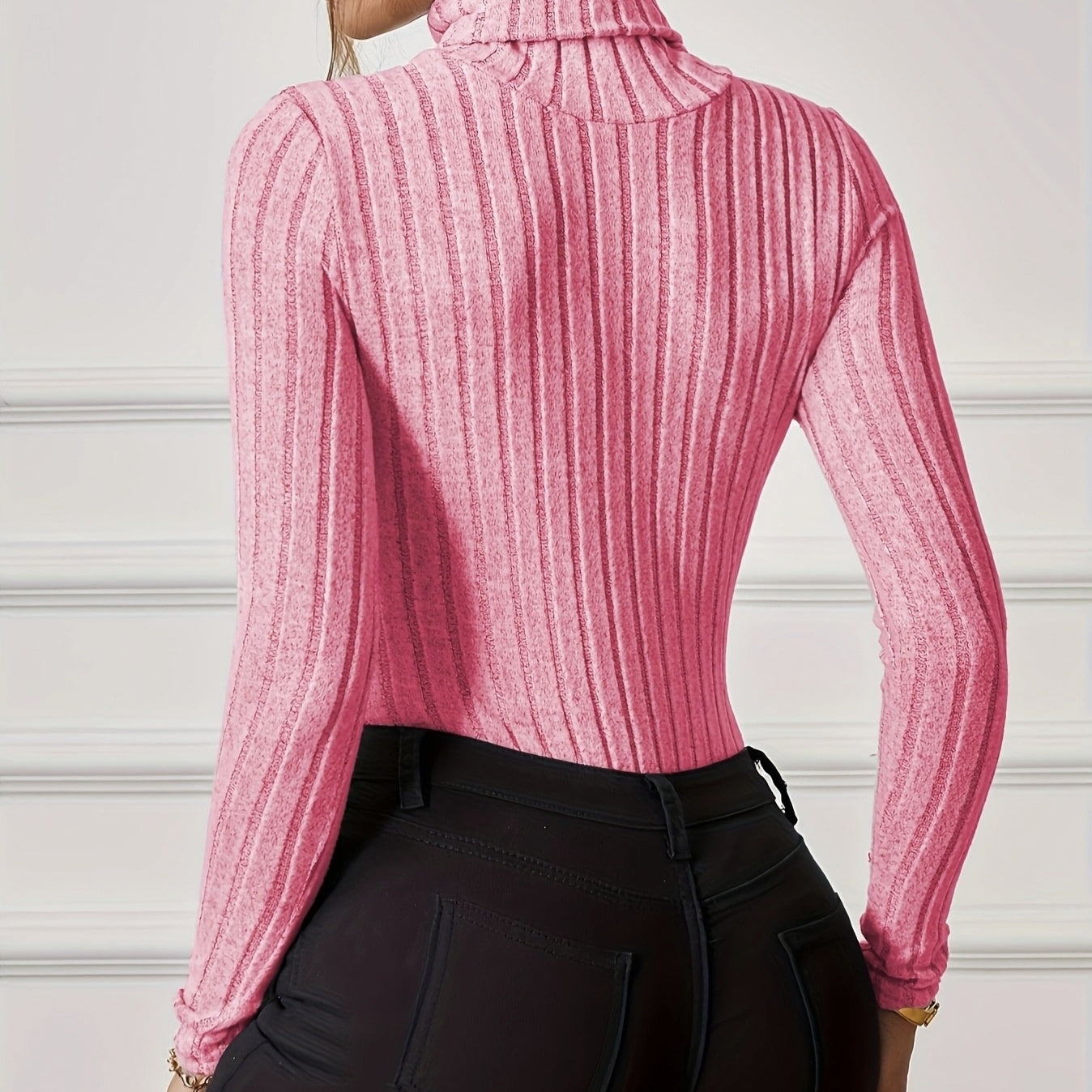 Women's New French High Neck Ribbed Knitted Jumpsuit Pajamas, Casual Long Sleeved Home Clothes Top