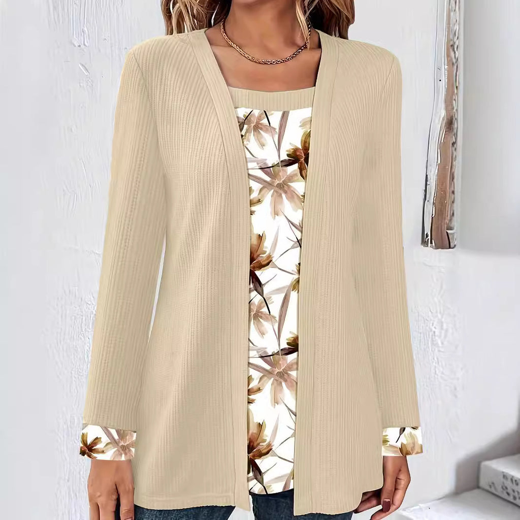 Solid Color Printing Stitching Faux Two-piece Set Long Sleeve