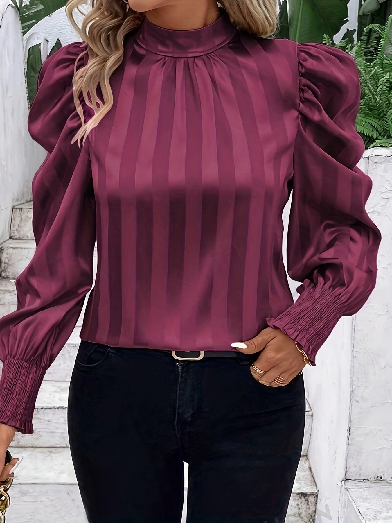 Solid Color Stand-up Collar Long Sleeve Shirt Women