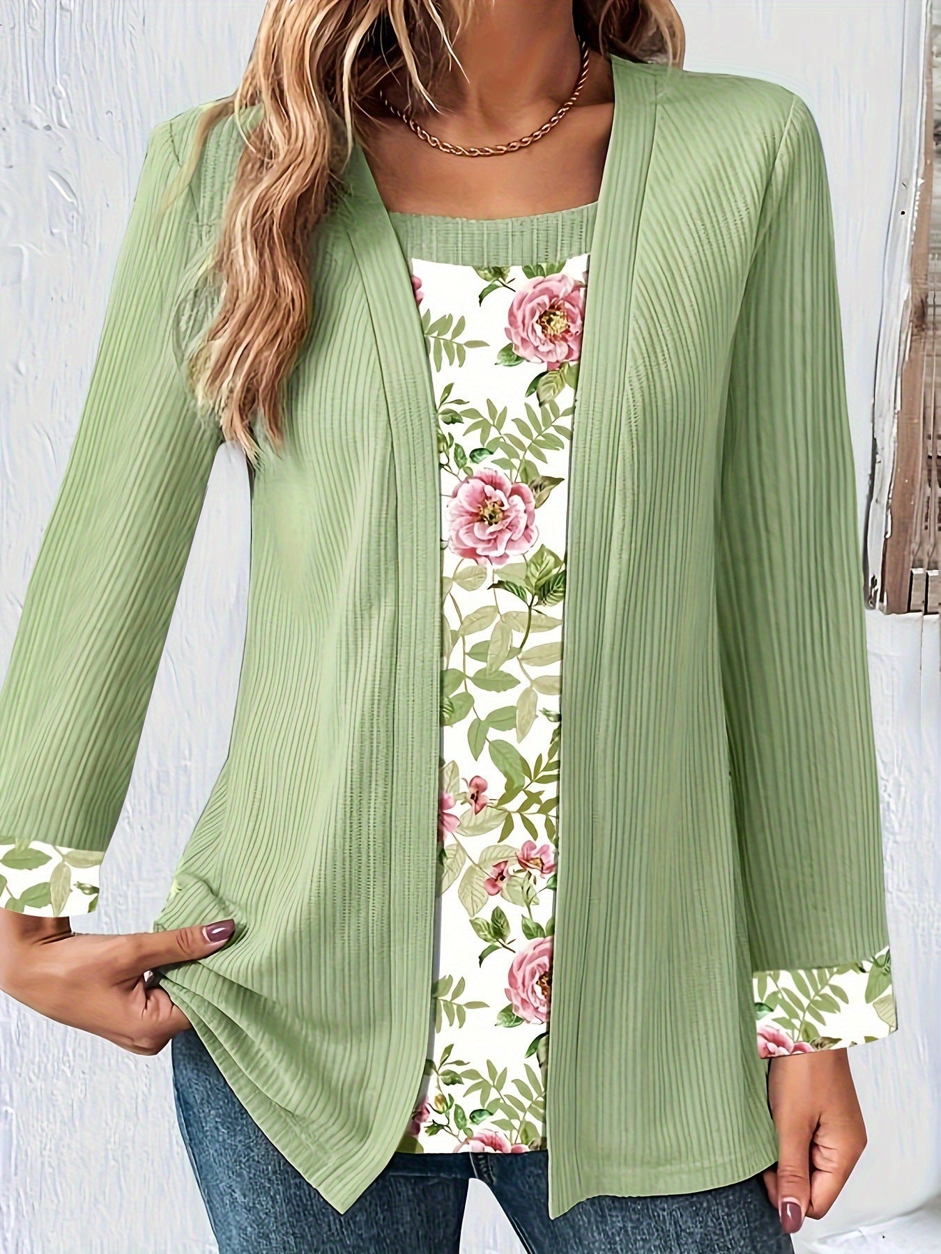 Solid Color Printing Stitching Faux Two-piece Set Long Sleeve
