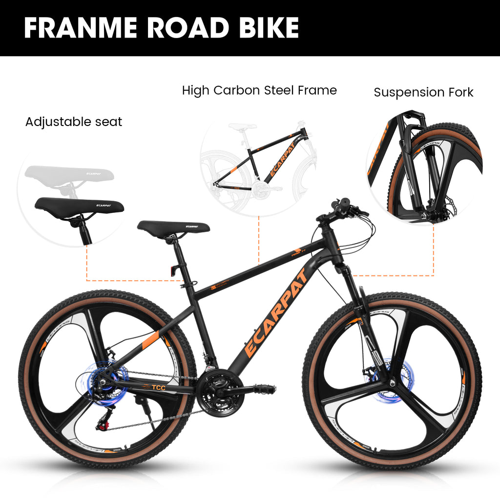 A27301M Ecarpat Mountain Bike 27.5 Inch Wheels, 21 Speed Road Bicycle With Dual Disc Brakes For Men And Women,High Carbon Steel Frame Front Fork Bicycles, Adult Faster Racing Bike