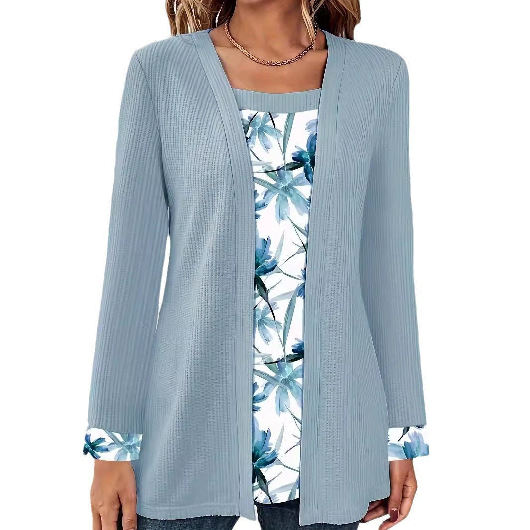 Solid Color Printing Stitching Faux Two-piece Set Long Sleeve