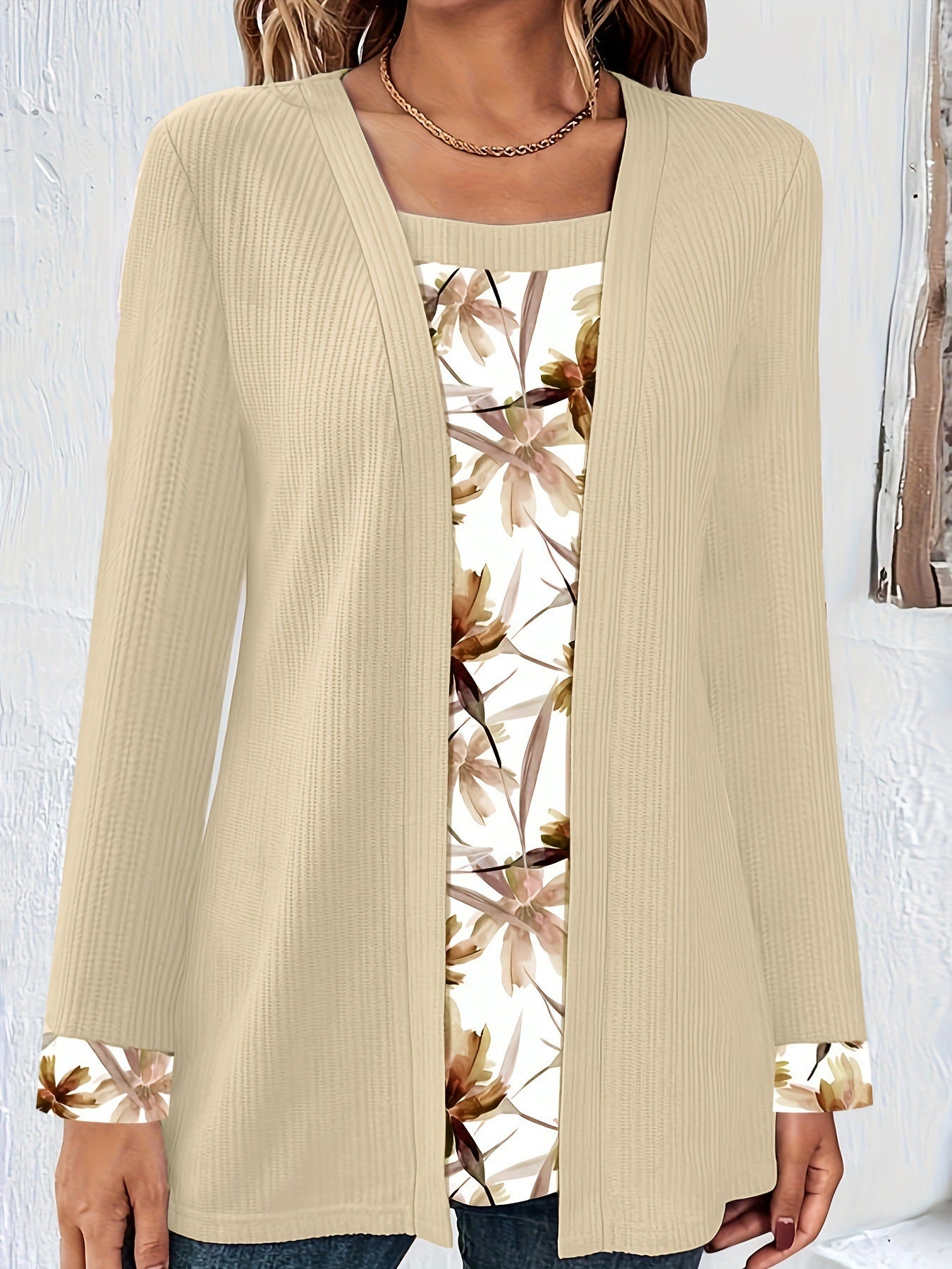 Solid Color Printing Stitching Faux Two-piece Set Long Sleeve