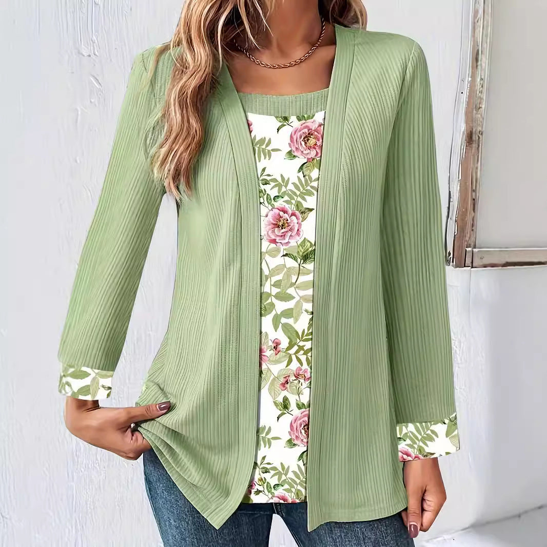 Solid Color Printing Stitching Faux Two-piece Set Long Sleeve