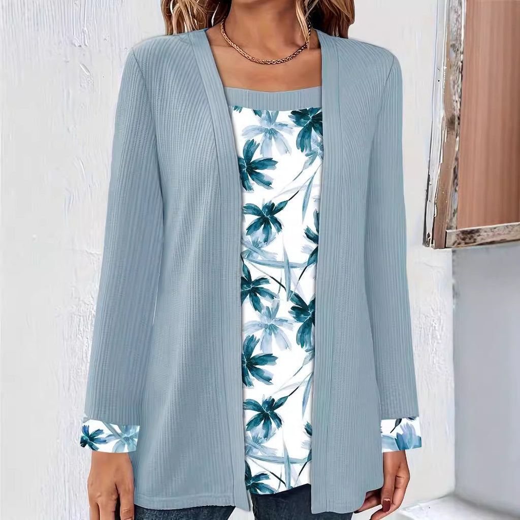 Solid Color Printing Stitching Faux Two-piece Set Long Sleeve