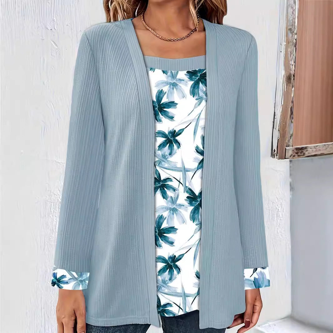 Solid Color Printing Stitching Faux Two-piece Set Long Sleeve