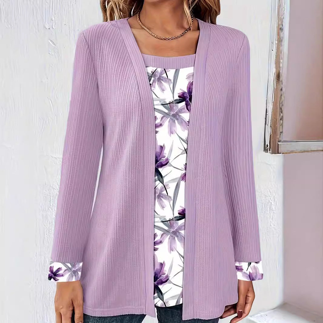 Solid Color Printing Stitching Faux Two-piece Set Long Sleeve