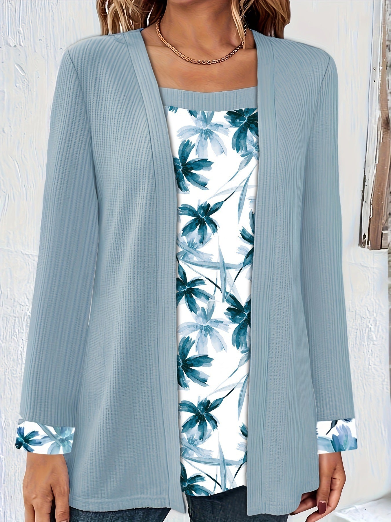 Solid Color Printing Stitching Faux Two-piece Set Long Sleeve