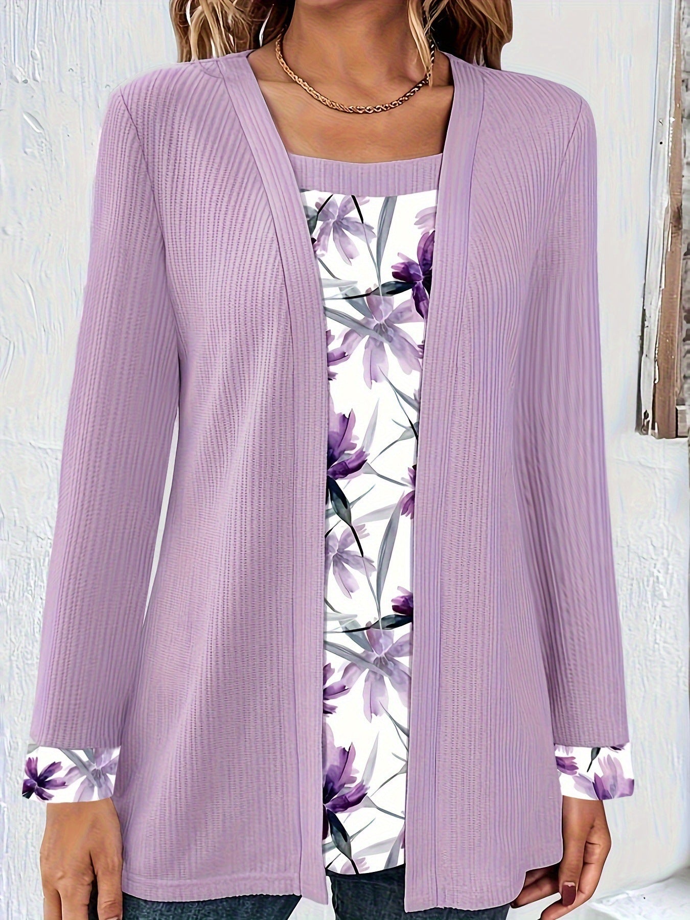 Solid Color Printing Stitching Faux Two-piece Set Long Sleeve