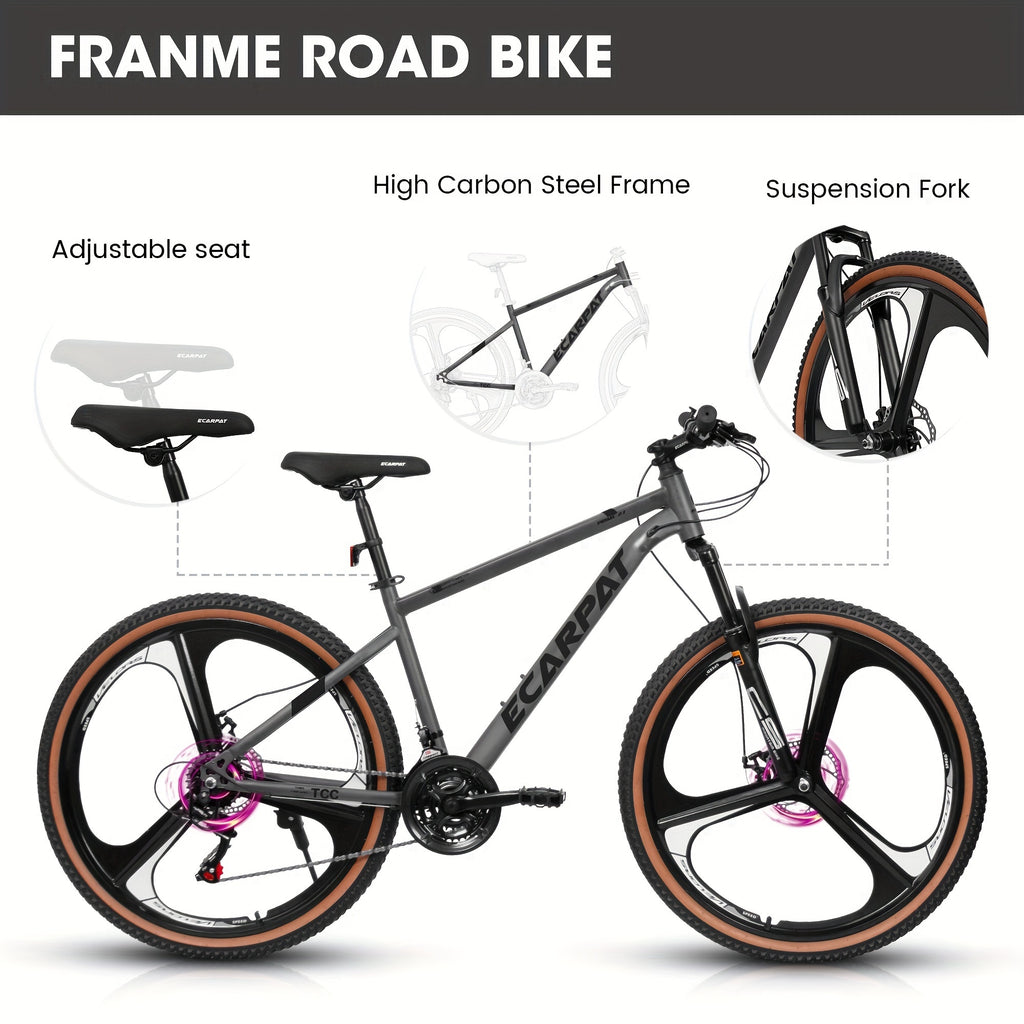 A27301M Ecarpat Mountain Bike 27.5 Inch Wheels, 21 Speed Road Bicycle With Dual Disc Brakes For Men And Women,High Carbon Steel Frame Front Fork Bicycles, Adult Faster Racing Bike