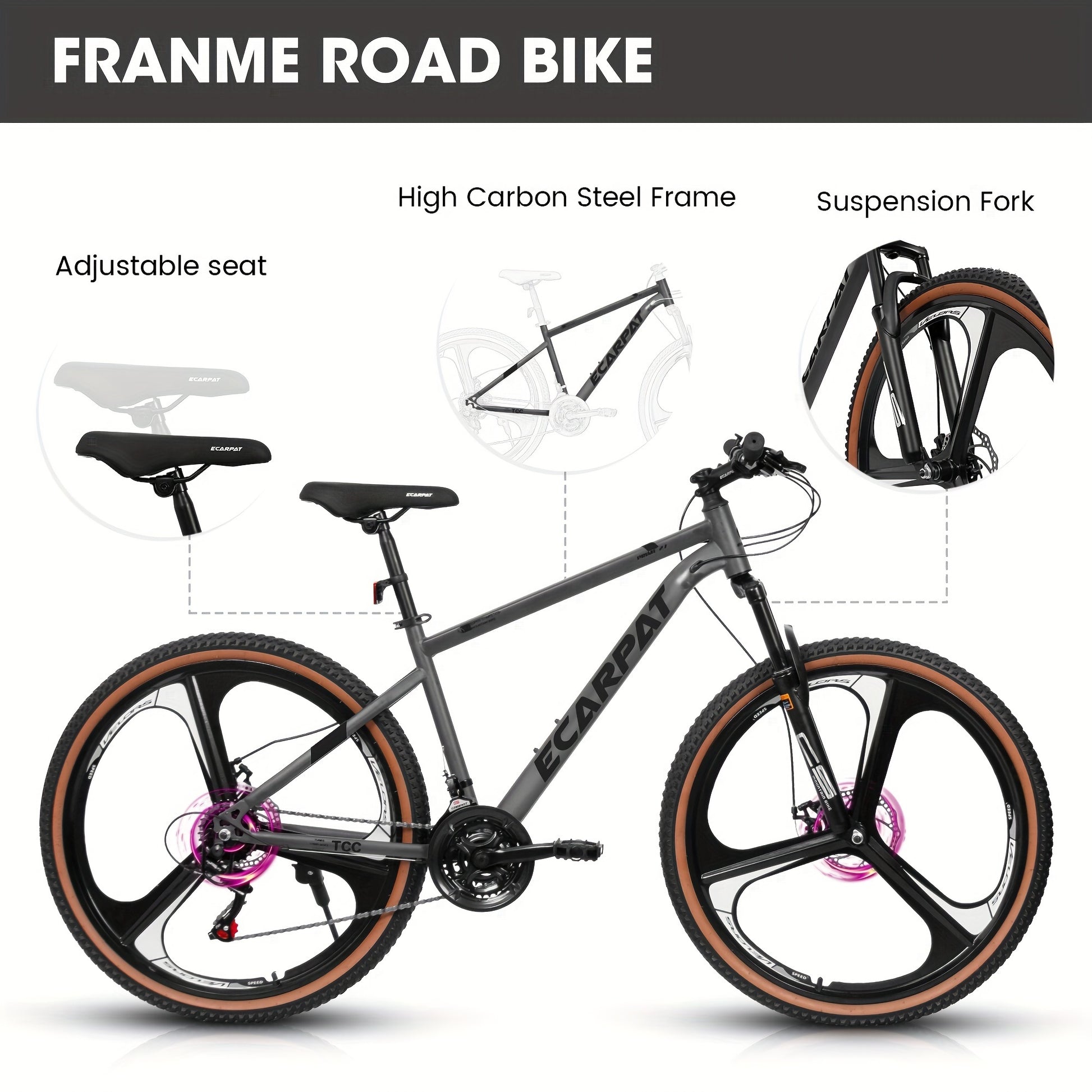 A27301M Ecarpat Mountain Bike 27.5 Inch Wheels, 21 Speed Road Bicycle With Dual Disc Brakes For Men And Women,High Carbon Steel Frame Front Fork Bicycles, Adult Faster Racing Bike
